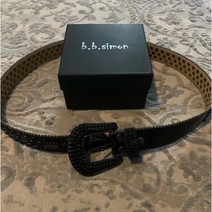 B.B. Simon Black Leather Triple Studded Crocodile Belt Size 32